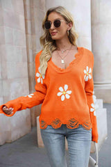 Flower Distressed Long Sleeve Sweater - Flyclothing LLC