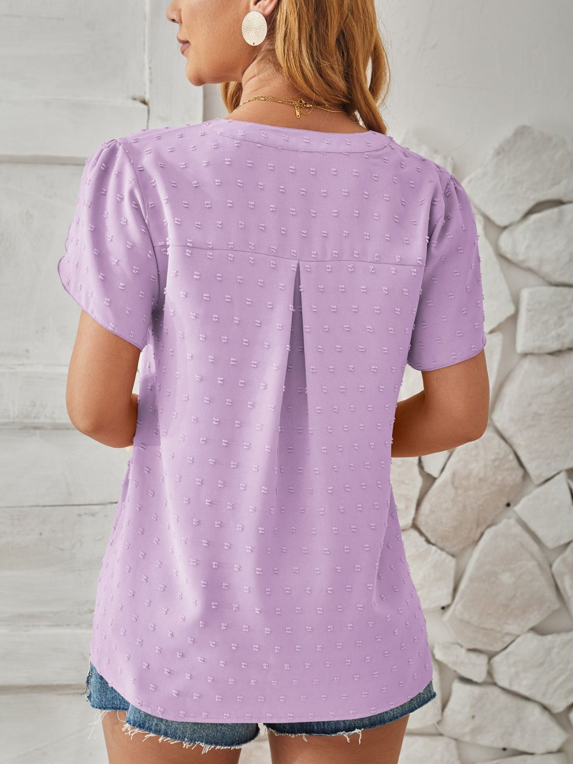 Swiss Dot Notched Petal Sleeve T-Shirt - Flyclothing LLC