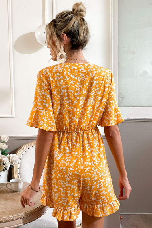 Printed Surplice Neck Ruffled Romper - Flyclothing LLC