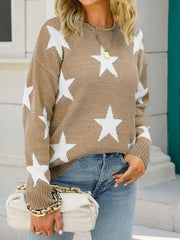 Star Round Neck Dropped Shoulder Sweater - Flyclothing LLC