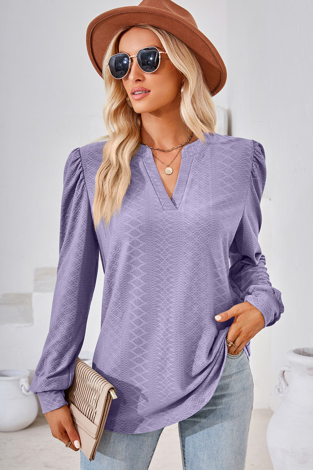 Ruched Notched Long Sleeve T-Shirt - Flyclothing LLC