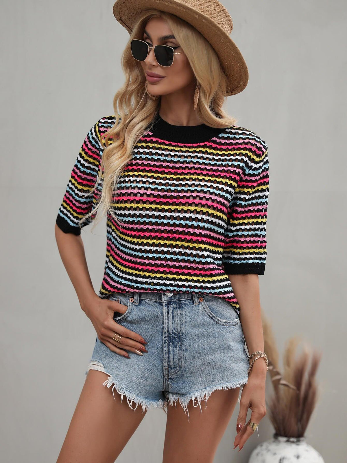 Striped Openwork Half Sleeve Knit Top - Flyclothing LLC