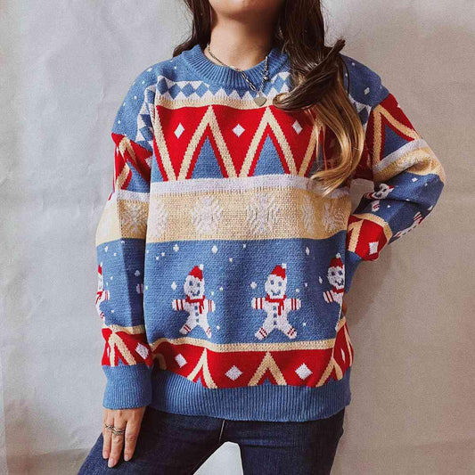 Printed Round Neck Long Sleeve Sweater - Flyclothing LLC