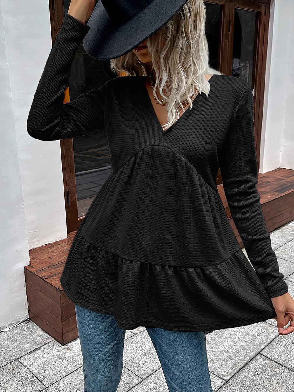 Waffle-knit V-Neck Long Sleeve Blouse - Flyclothing LLC