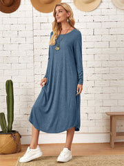 Pocketed Round Neck Long Sleeve Tee Dress - Flyclothing LLC