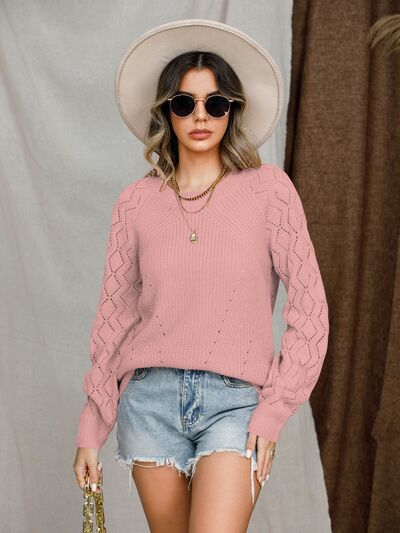 Openwork Round Neck Raglan Sleeve Sweater - Flyclothing LLC