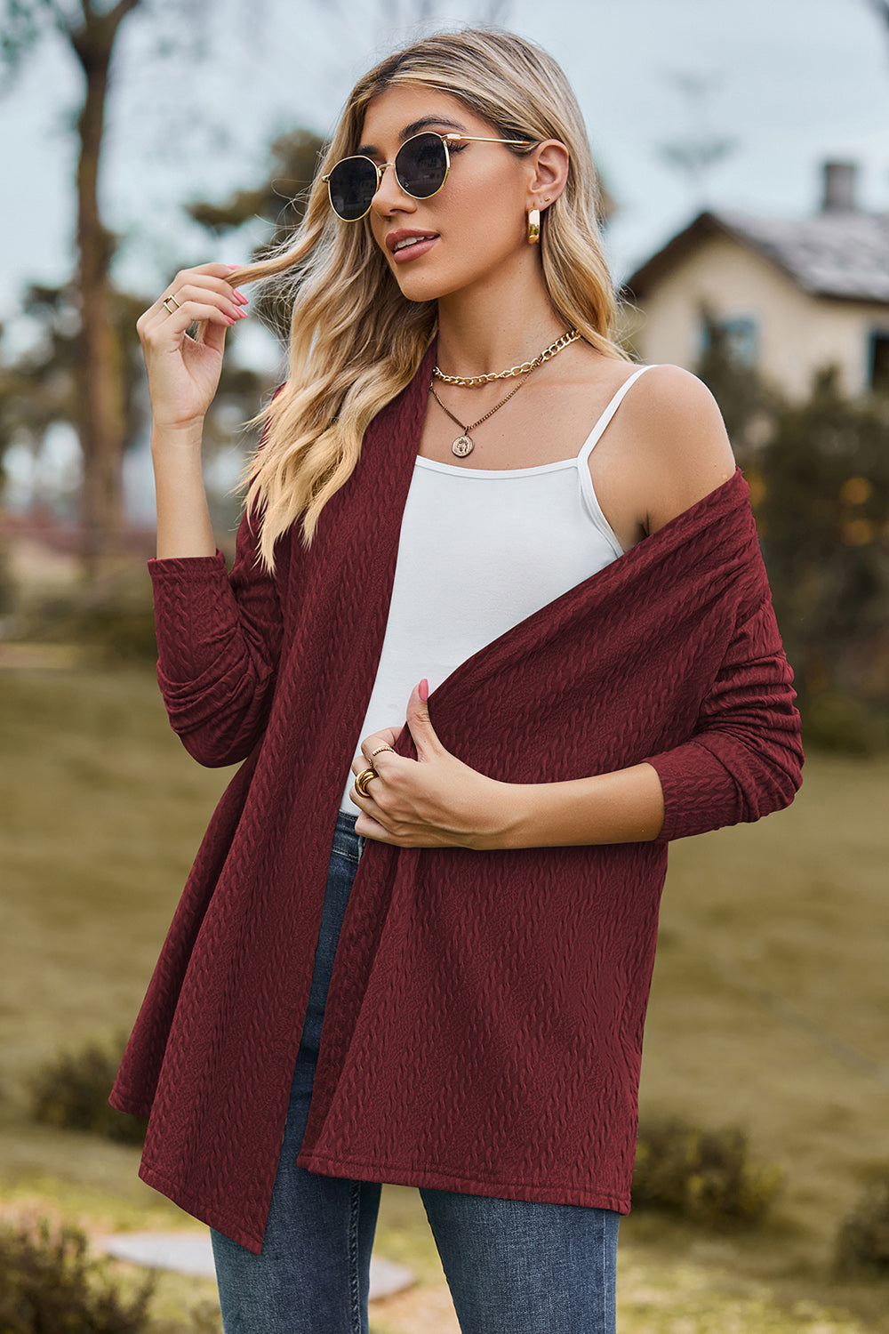 Textured Open Front Long Sleeve Cardigan - Flyclothing LLC