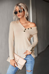 Waffle-Knit Button Detail V-Neck Top - Flyclothing LLC