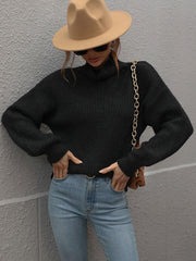 High Neck Balloon Sleeve Rib-Knit Pullover Sweater - Flyclothing LLC