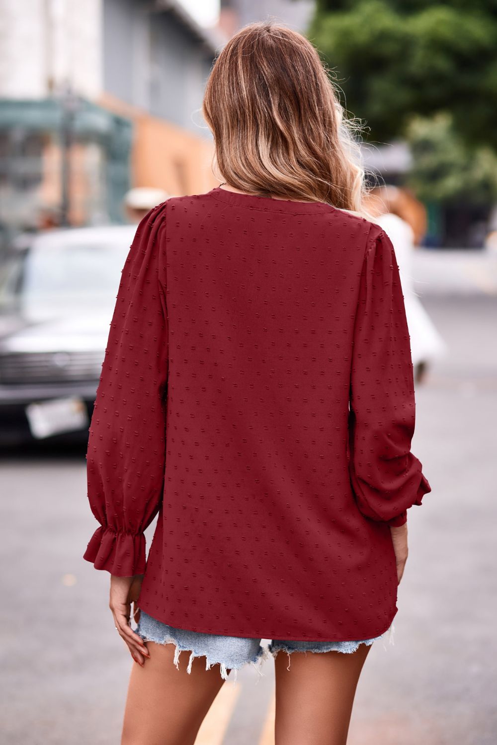 Swiss Dot Notched Neck Flounce Sleeve Blouse - Flyclothing LLC