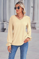 Lace Trim V-Neck Flounce Sleeve Top - Trendsi