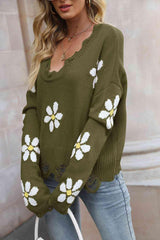 Flower Distressed Long Sleeve Sweater - Flyclothing LLC