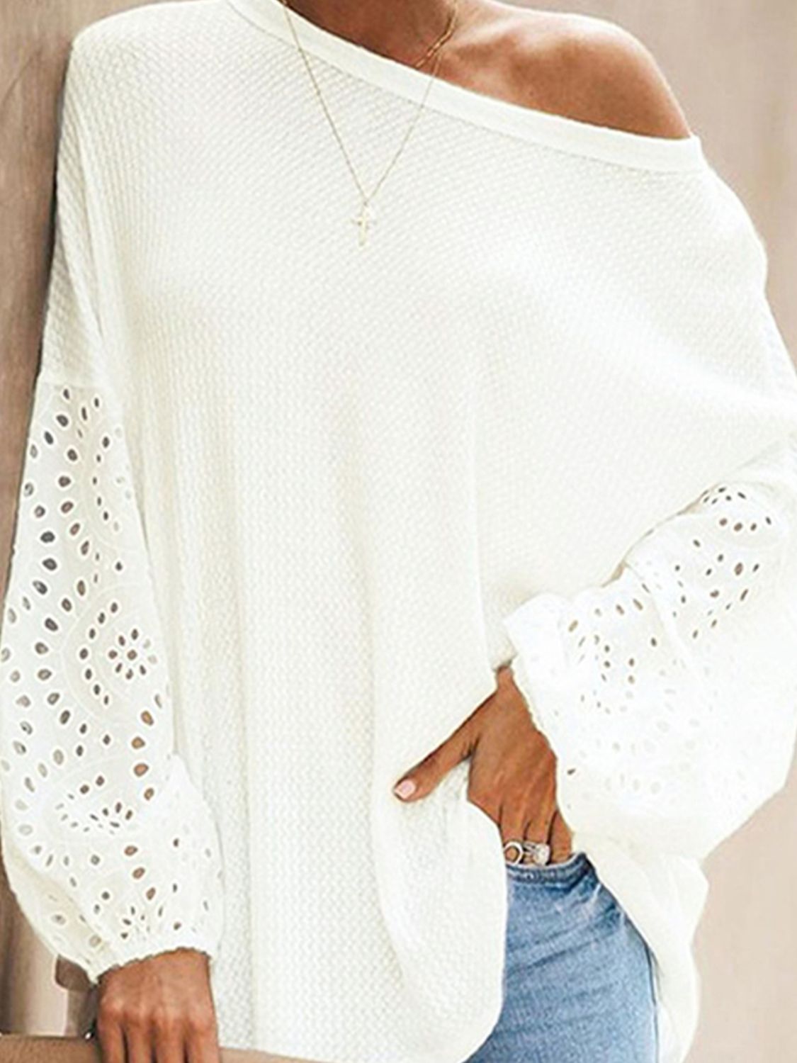 Openwork Dropped Shoulder Boat Neck Blouse - Flyclothing LLC