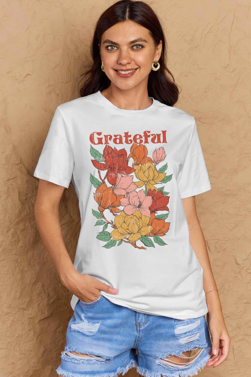 Simply Love Full Size GRATEFUL Flower Graphic Cotton T-Shirt - Flyclothing LLC