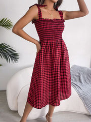 Frill Plaid Square Neck Midi Dress - Flyclothing LLC