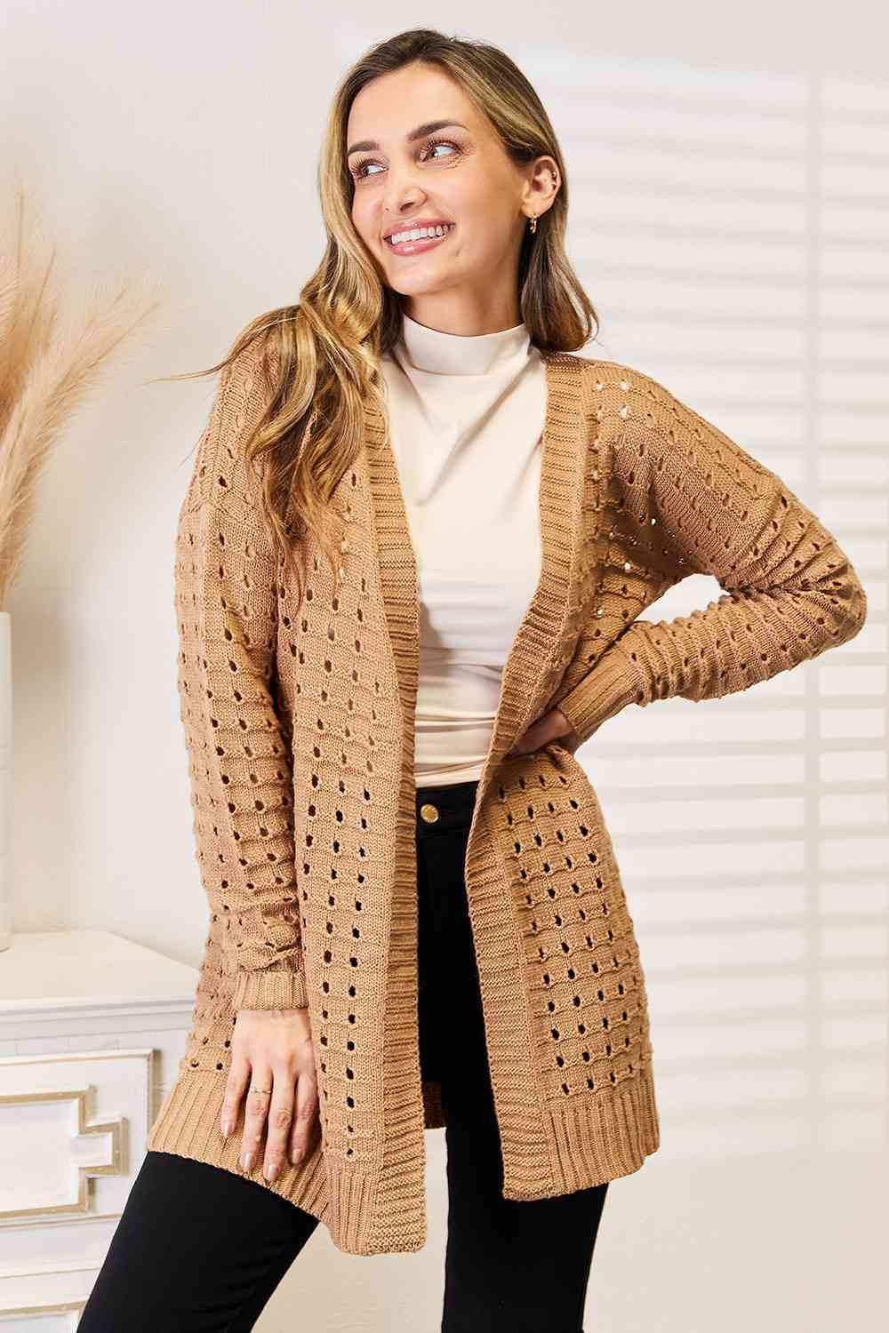 Woven Right Openwork Horizontal Ribbing Open Front Cardigan - Flyclothing LLC