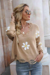 Flower Distressed Long Sleeve Sweater - Flyclothing LLC