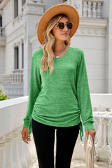 Heathered Drawstring V-Neck Top - Trendsi