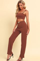 Chain Detail Cropped Cami and Straight Leg Pants Set - Flyclothing LLC