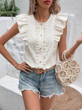 Decorative Button Frill Trim Round Neck Top - Trendsi