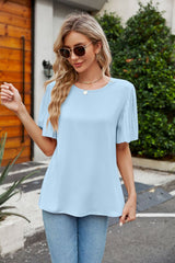 Pleated Flutter Sleeve Round Neck Blouse - Flyclothing LLC