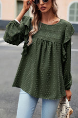 Ruffle Trim Balloon Sleeve Blouse - Flyclothing LLC