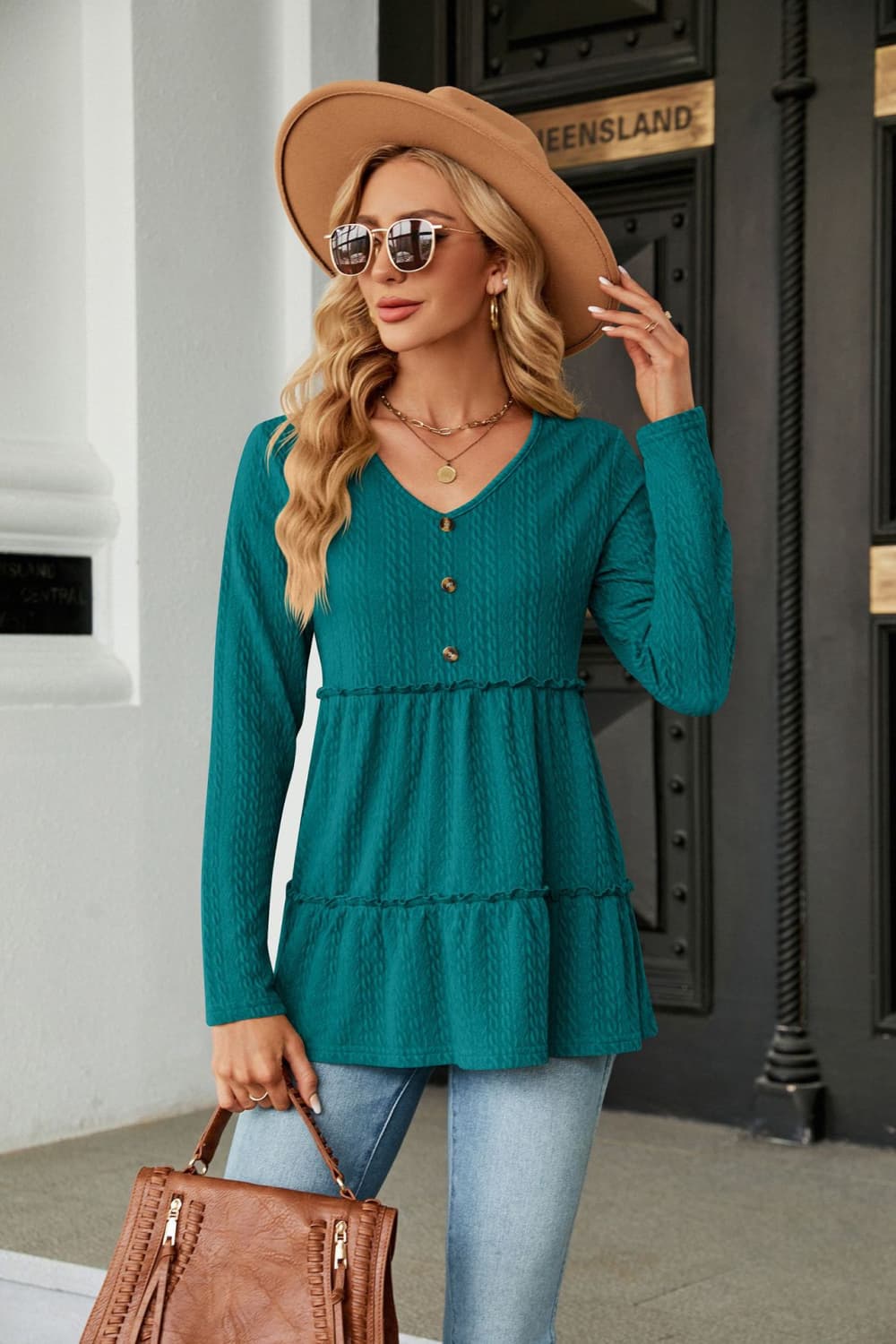 Long Sleeve V-Neck Cable-Knit Blouse - Flyclothing LLC