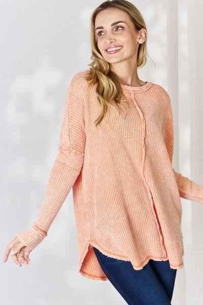 Zenana Oversized Washed Waffle Long Sleeve Top - Flyclothing LLC