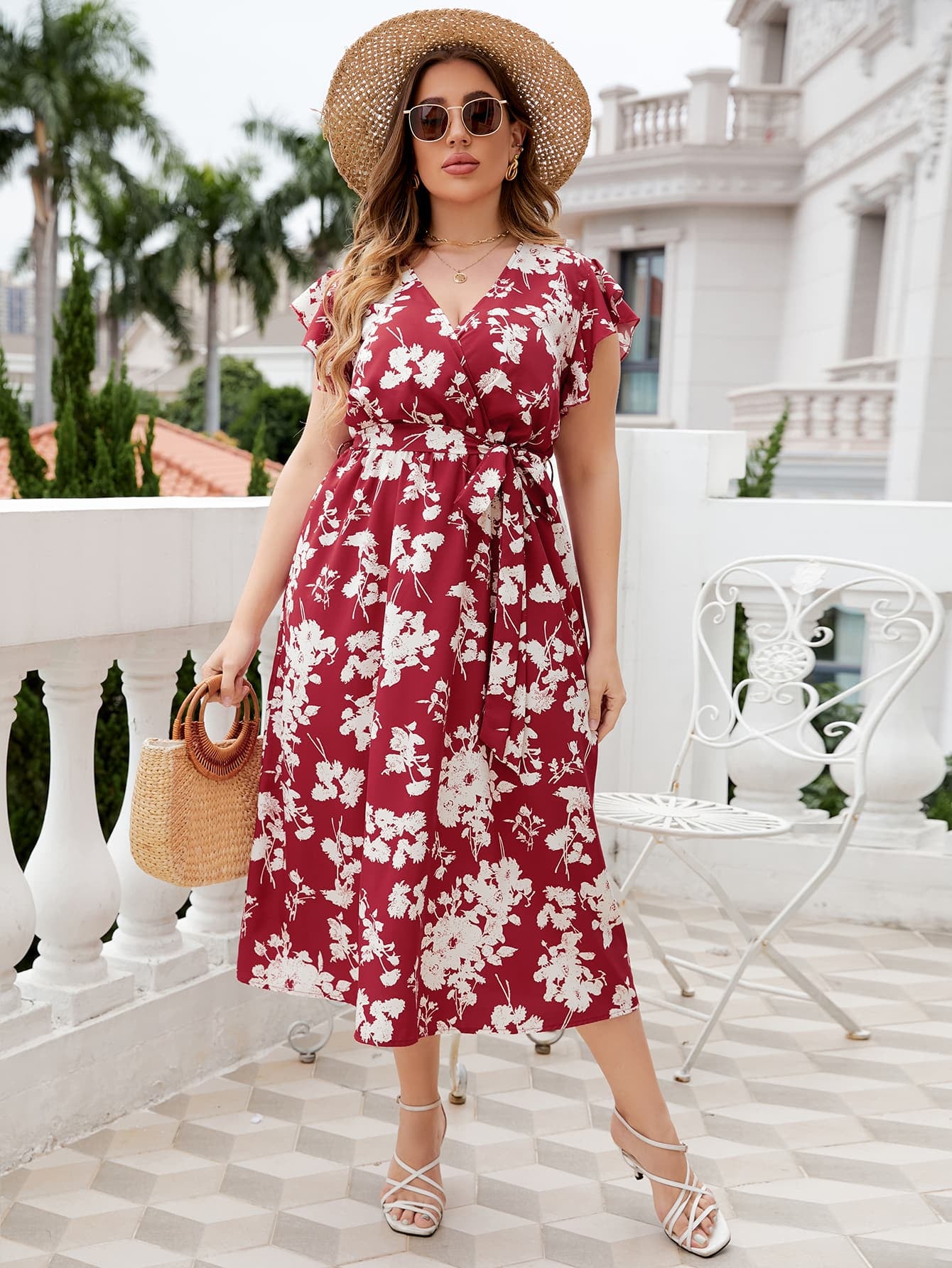 Plus Size Floral Tie Waist Surplice Neck Midi Dress - Flyclothing LLC