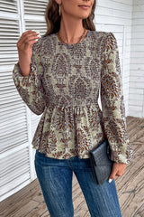 Smocked Printed Balloon Sleeve Blouse - Flyclothing LLC