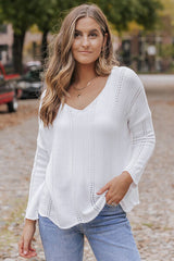 Openwork V-Neck Long Sleeve Knit Top - Flyclothing LLC