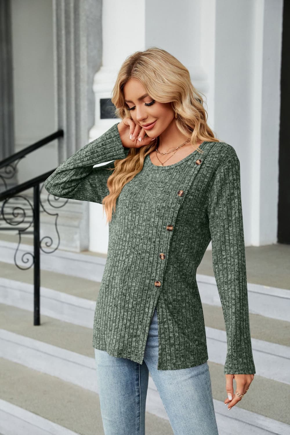 Buttoned Long Sleeve Slit Top - Flyclothing LLC