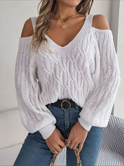 Cable-Knit Cold Shoulder Long Sleeve Sweater - Flyclothing LLC