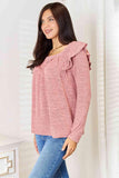 Double Take Square Neck Ruffle Shoulder Long Sleeve T-Shirt - Flyclothing LLC