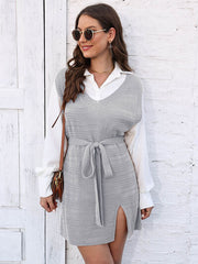 Tie Front V-Neck Sleeveless Slit Sweater Dress - Flyclothing LLC