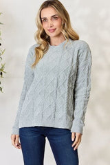 BiBi Cable Knit Round Neck Sweater - Trendsi