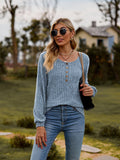 Round Neck Button-Down Long Sleeve Tee - Trendsi