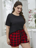 Plus Size Round Neck Tee Shirt and Plaid Shorts Lounge Set - Flyclothing LLC