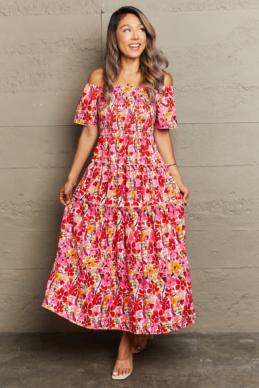 Floral Off-Shoulder Frill Trim Maxi Dress - Flyclothing LLC