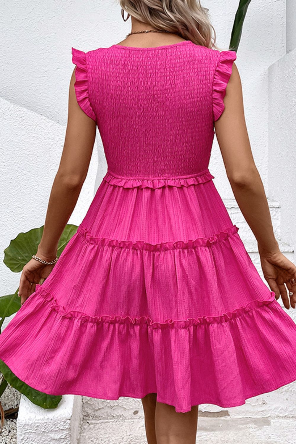 Smocked Frill Trim Deep V Dress - Flyclothing LLC