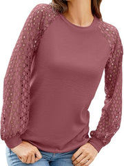 Full Size Eyelet Round Neck Long Sleeve T-Shirt - Flyclothing LLC