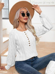 Cable-Knit Round Neck Buttoned Sweater - Trendsi