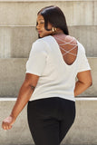 And The Why Pearly White Full Size Criss Cross Pearl Detail Open Back T-Shirt - Flyclothing LLC