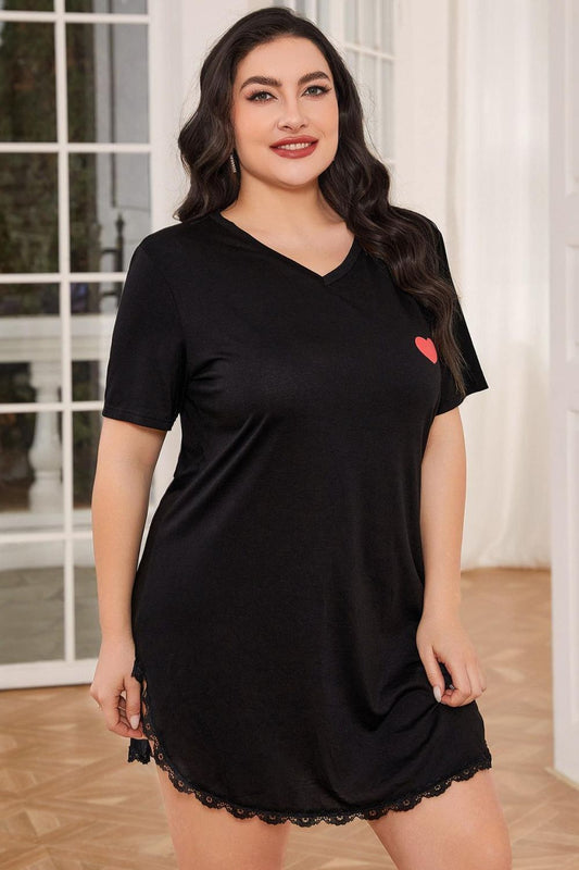 Plus Size Lace Trim V-Neck Short Sleeve Night Dress - Flyclothing LLC