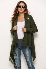 One-Button Tassel Tie Asymmetrical Hem Cardigan - Flyclothing LLC