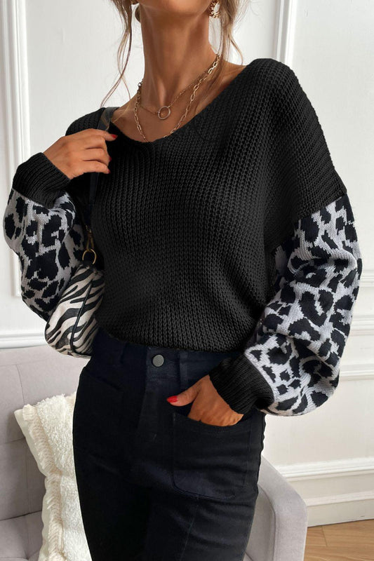 Leopard Sleeve Dropped Shoulder Sweater - Flyclothing LLC