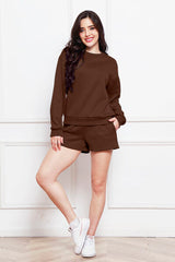 Round Neck Long Sleeve Sweatshirt and Drawstring Shorts Set - Flyclothing LLC