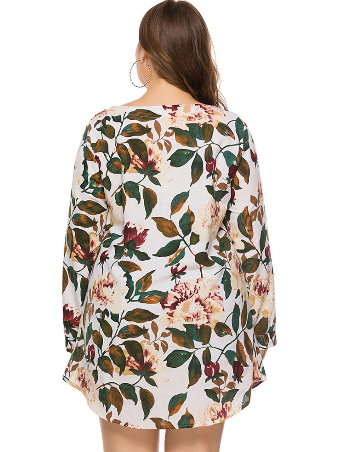 Full Size Floral Long Sleeve Mini Dress - Flyclothing LLC