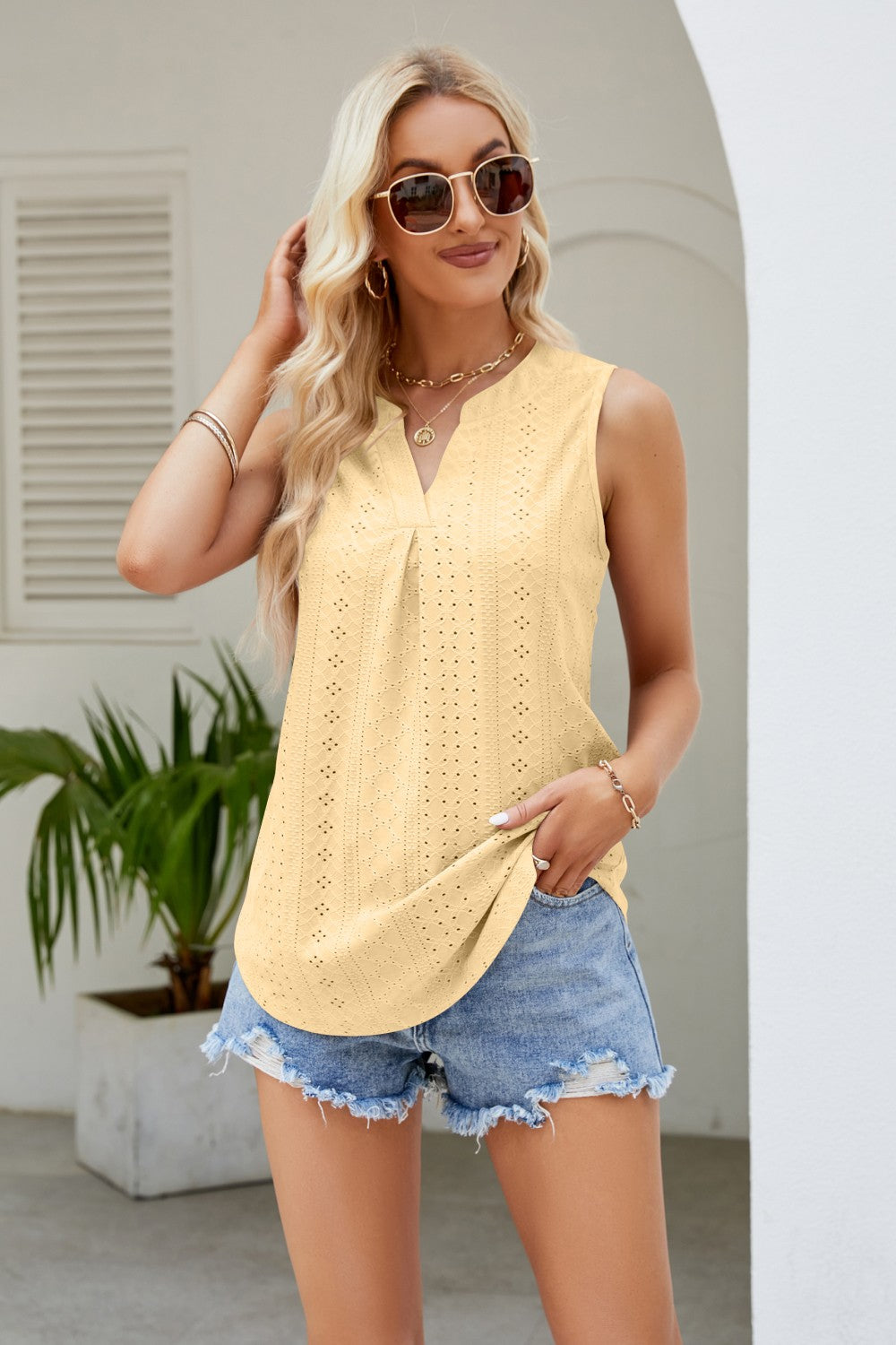 Notched Neck Curved Hem Eyelet Tank - Flyclothing LLC