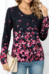 Floral Button Front Round Neck Cardigan - Flyclothing LLC